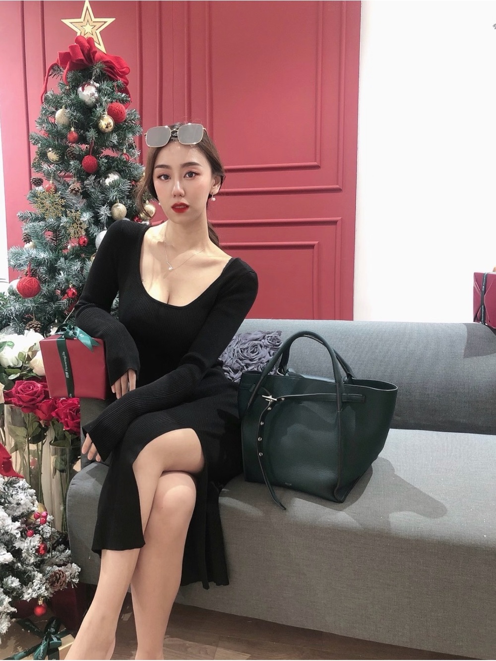 Celine Dark Green Leather Tote with shoulder strap